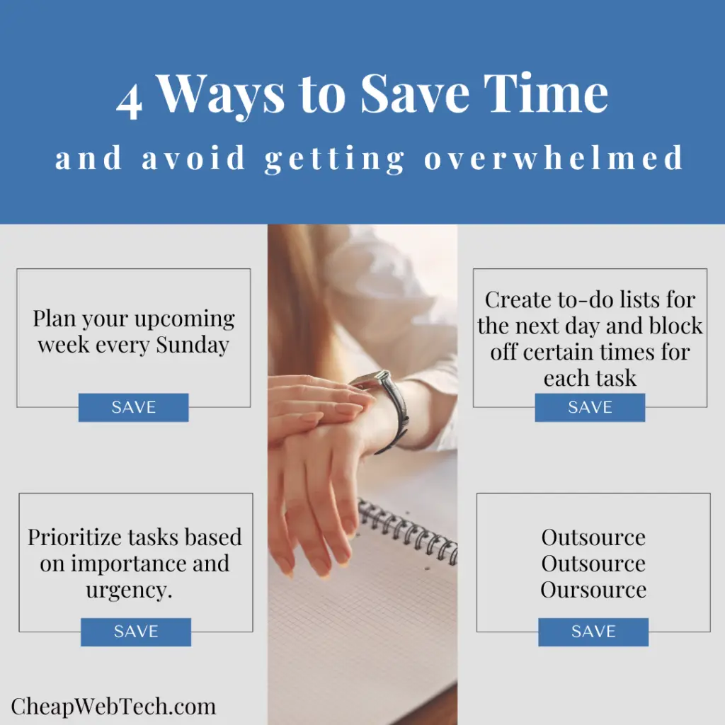 Infographic with four ways to save time and avoid overwhelm, including planning your week, creating to-do lists, prioritizing tasks, and outsourcing. Features a business workspace with a notebook and watch.