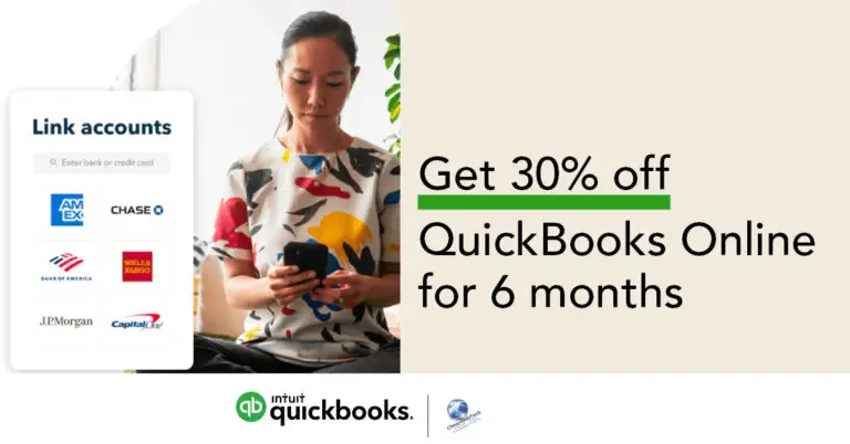 Promotional banner offering 30% off QuickBooks Online for 6 months through Cheap Web Tech’s affiliate program. Features a business owner linking bank accounts on a mobile device, showcasing QuickBooks Online’s financial management tools.