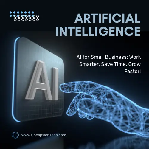 A futuristic AI concept with a digital hand reaching toward an AI button, representing how AI can help small businesses grow by automating tasks, increasing efficiency, and optimizing operations.