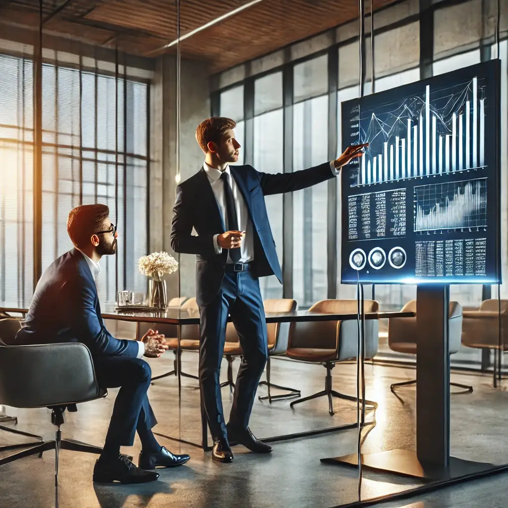 Business coach presenting growth strategies to an entrepreneur in a modern office with financial charts on a digital screen, emphasizing mentorship, leadership, and business success.