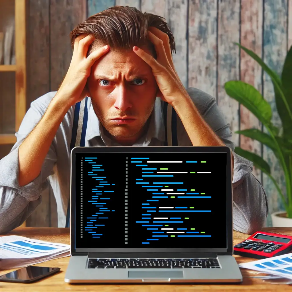 A frustrated business owner sitting at a desk, struggling with website issues on a laptop screen. The image highlights the challenges of DIY vs. professional web design, showing why hiring an expert can save time and stress.