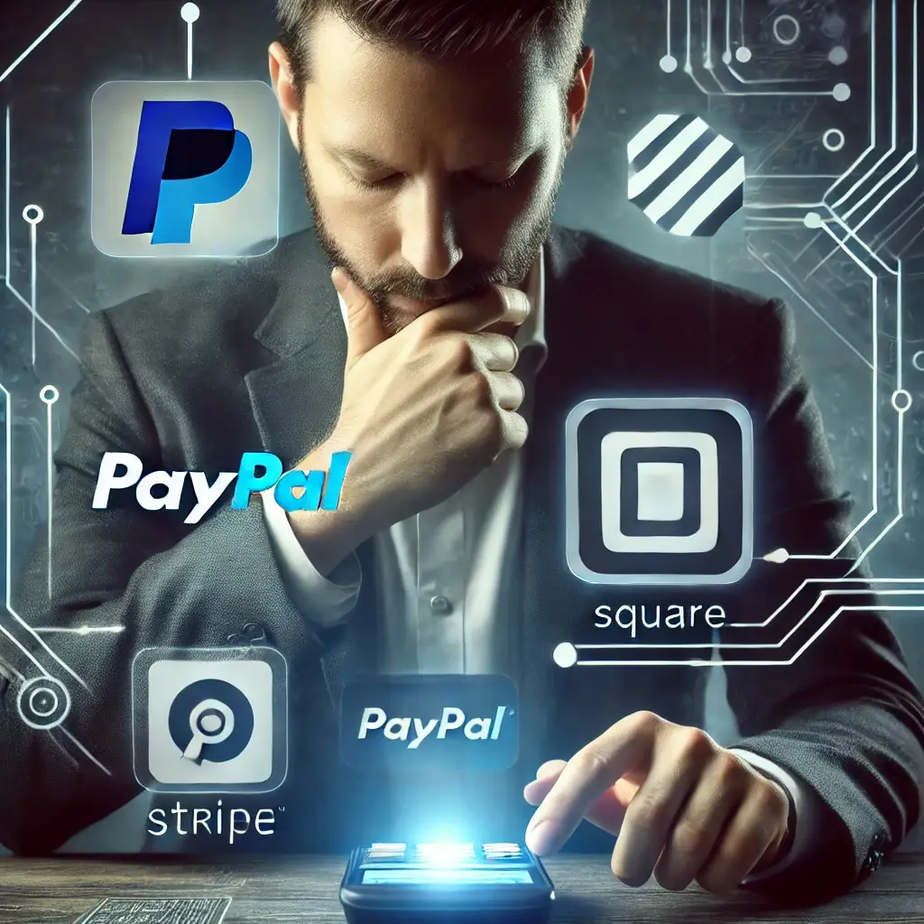 A small business owner deciding on the best payment processor for small business, comparing PayPal, Stripe, and Square on a digital screen.