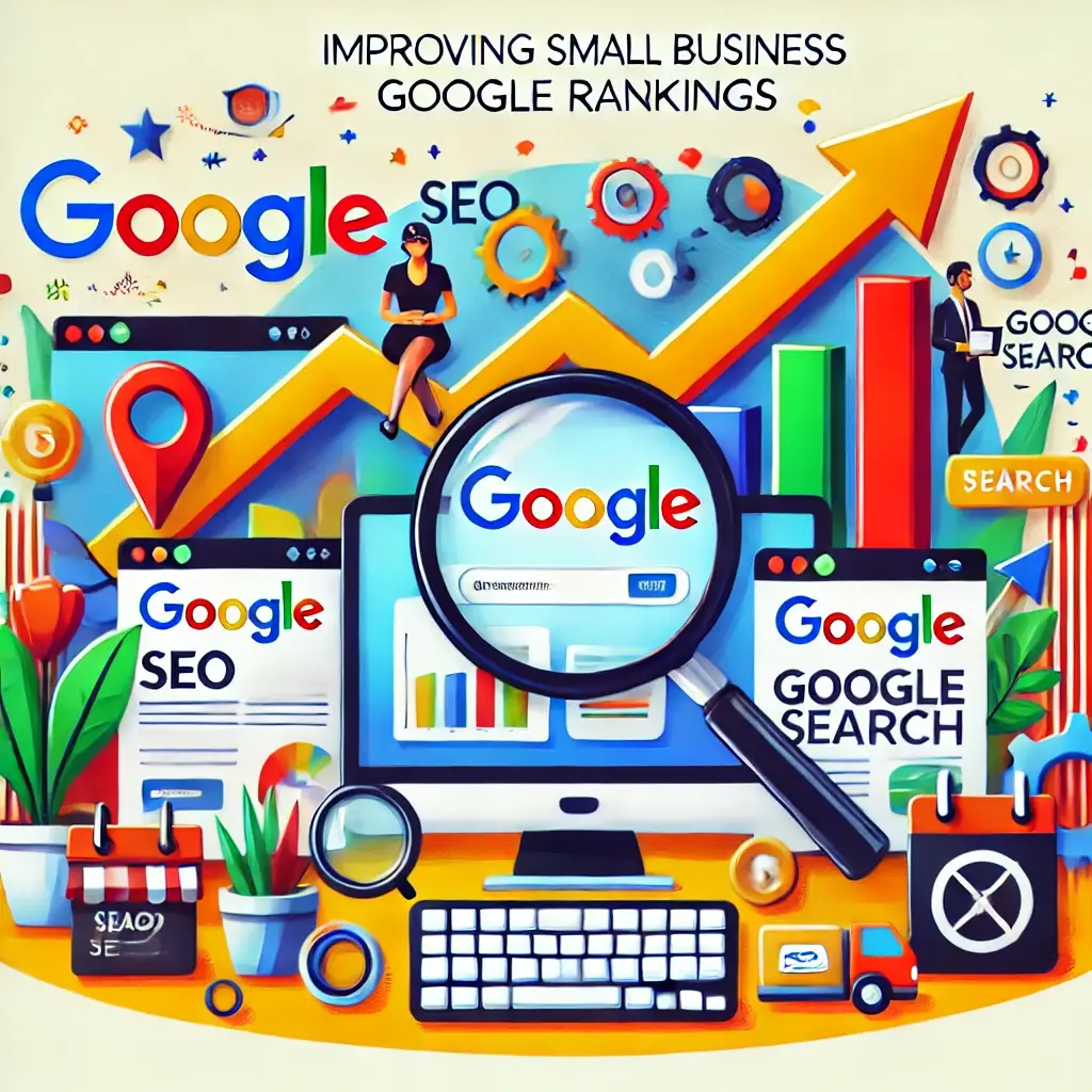 Colorful SEO-themed graphic with charts, upward arrows, and Google search elements representing strategies for how to get your small business to rank on Google.