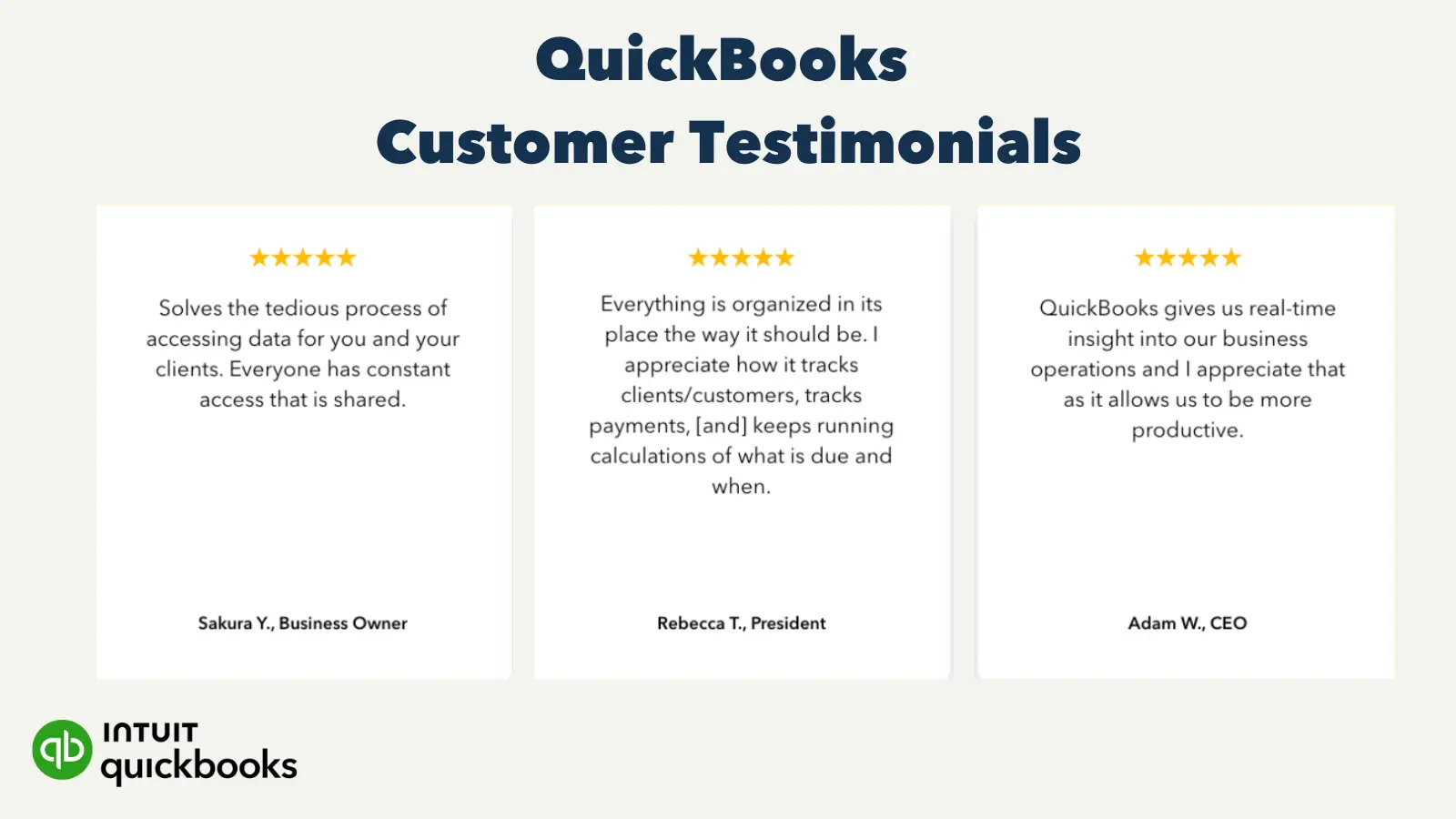 QuickBooks customer testimonials showing how it helps business owners stay organized and efficient.