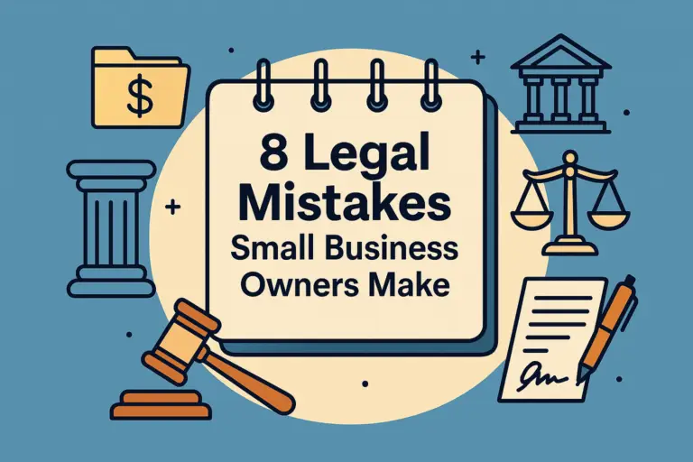 Illustration showing common legal mistakes small business owners make, with notepad and law icons like scales, gavel, and contract