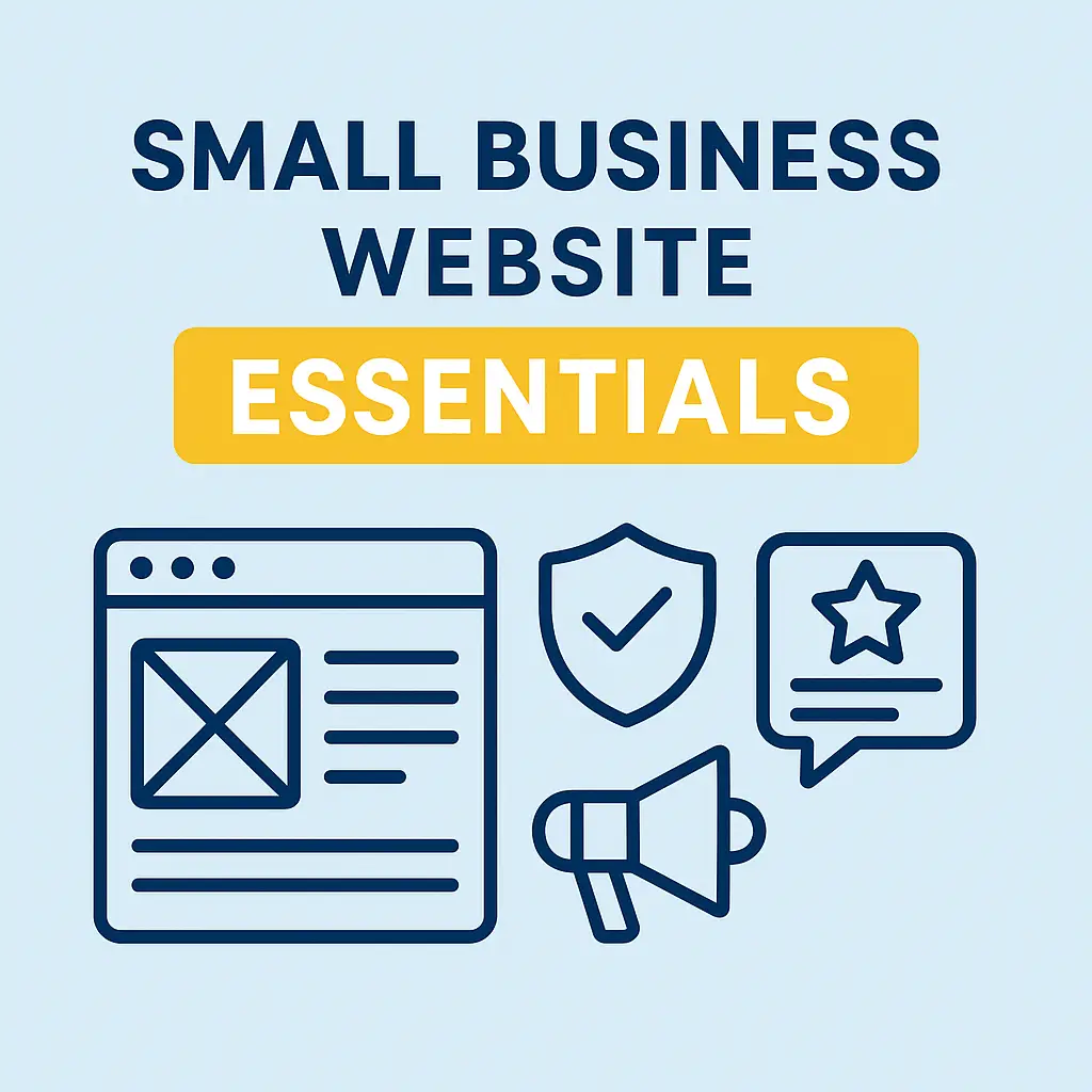 Illustration of small business website essentials including browser window, security shield, reviews, and navigation icons