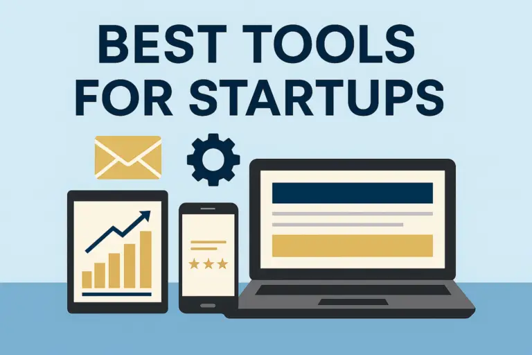 Essential business tools for startups visualized in a clean digital illustration with labeled icons