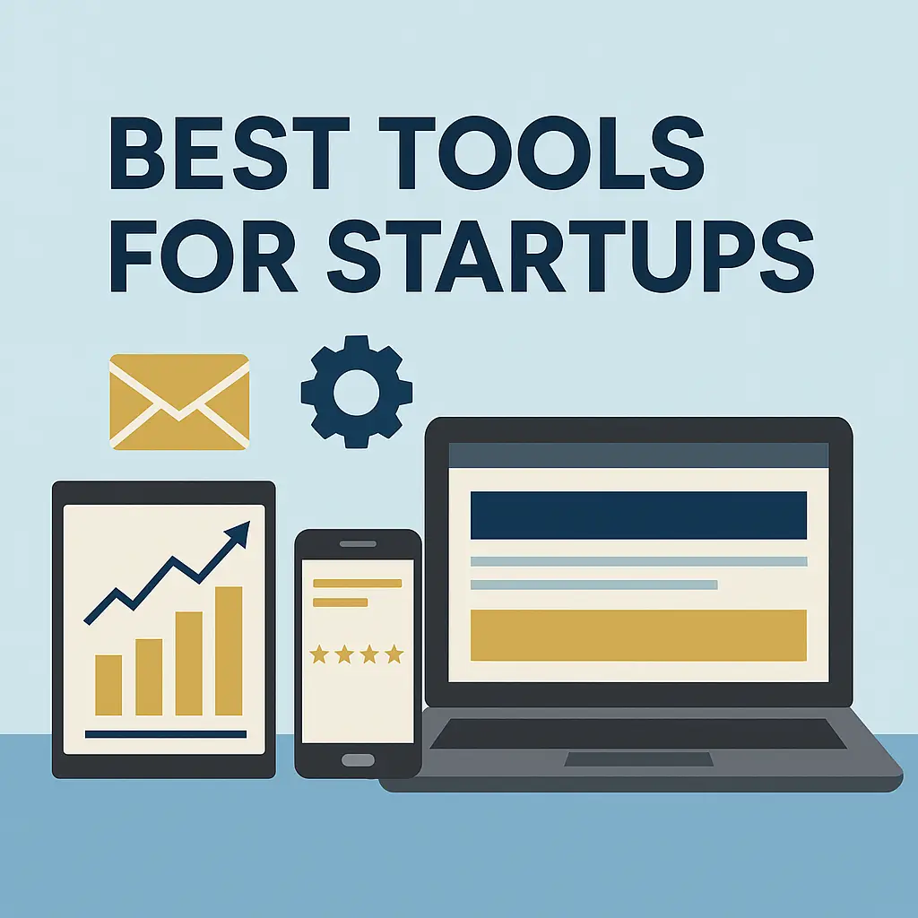Business tools for startups displayed with icons for accounting, marketing, time tracking, and project management