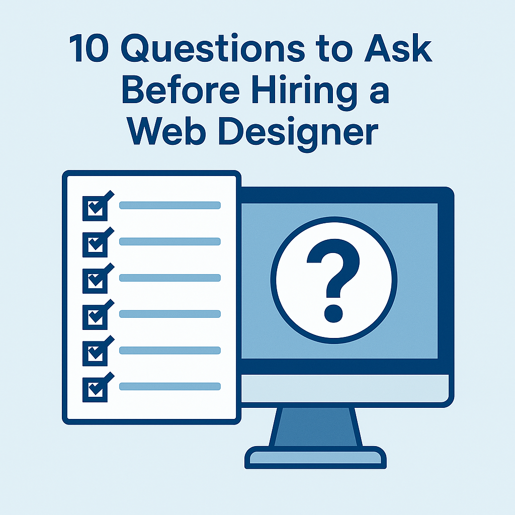 Flat design illustration of a checklist with checkmarks next to a computer monitor showing a question mark, representing questions to ask before hiring a web designer.