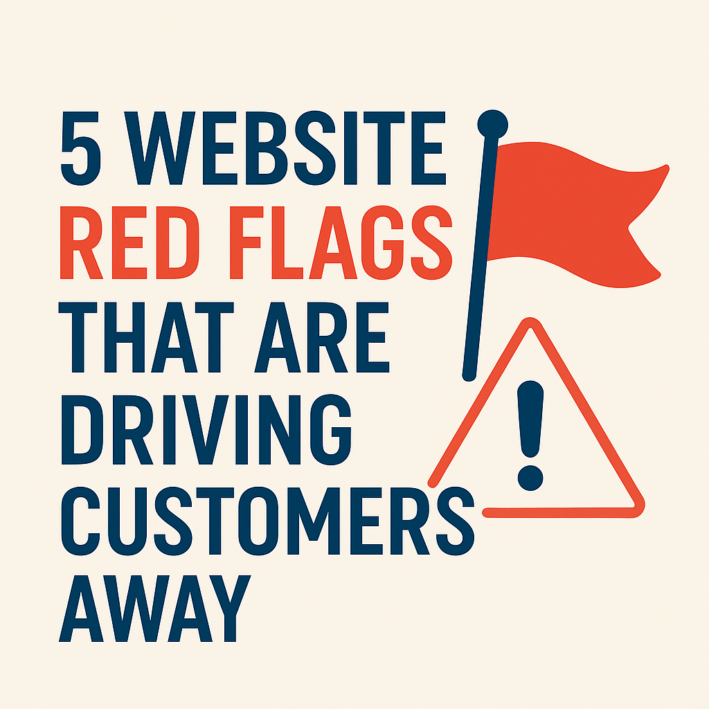 Minimalist graphic with bold text reading “5 Website Red Flags That Are Driving Customers Away,” featuring a red warning flag and an exclamation mark symbol.