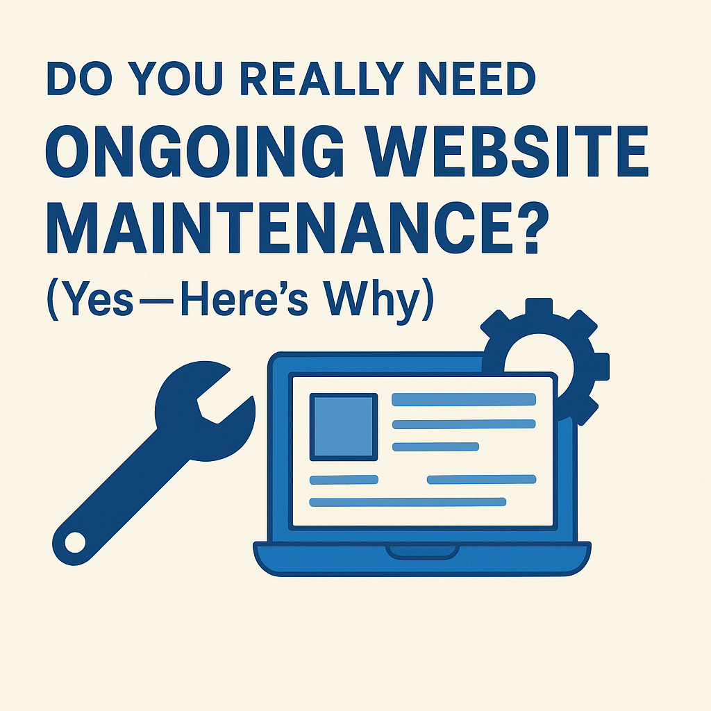 Illustration of a laptop with gear and wrench icons above it, symbolizing ongoing website maintenance and care for small businesses.