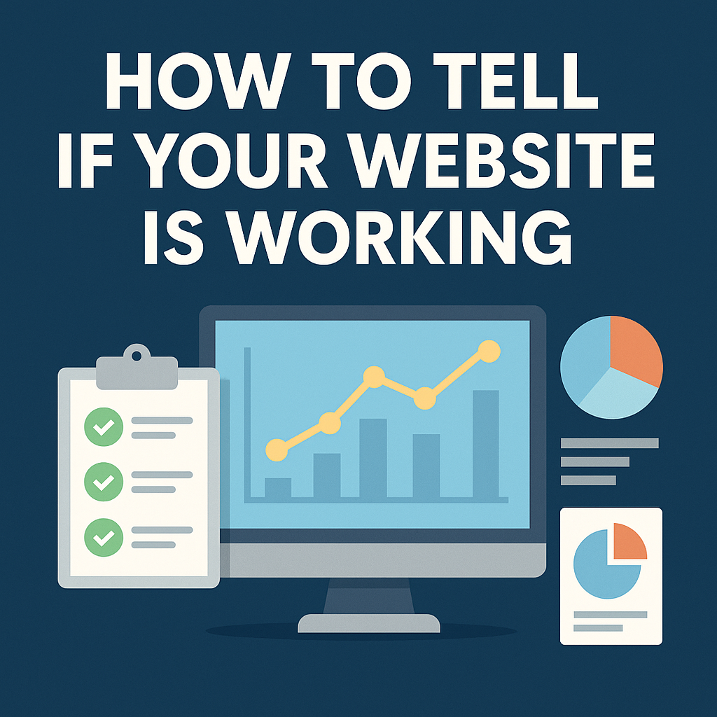 Flat design illustration showing a computer screen with graphs and charts, a checklist clipboard, and pie charts, symbolizing website performance tracking.