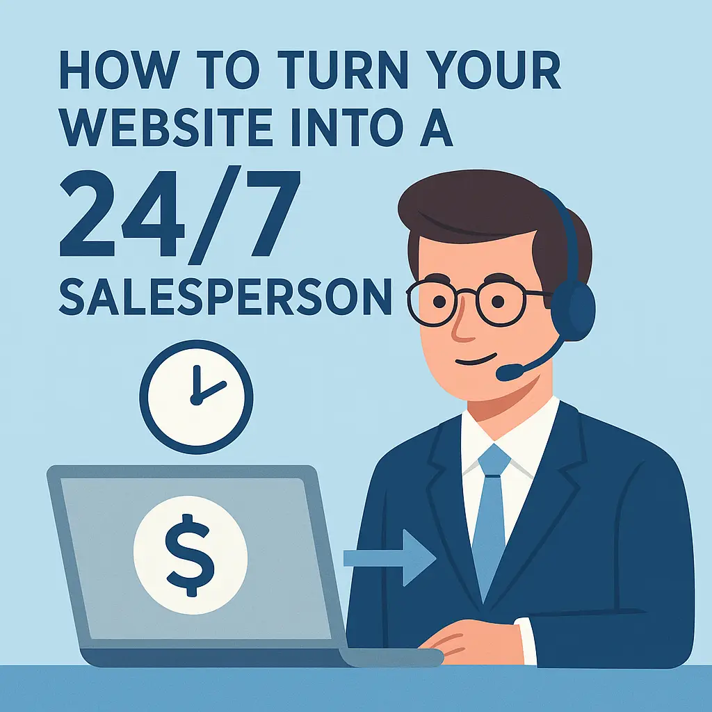 Flat design illustration of a business professional with a headset next to a laptop showing a dollar sign, a clock icon above, and text reading “How to Turn Your Website Into a 24/7 Salesperson.”