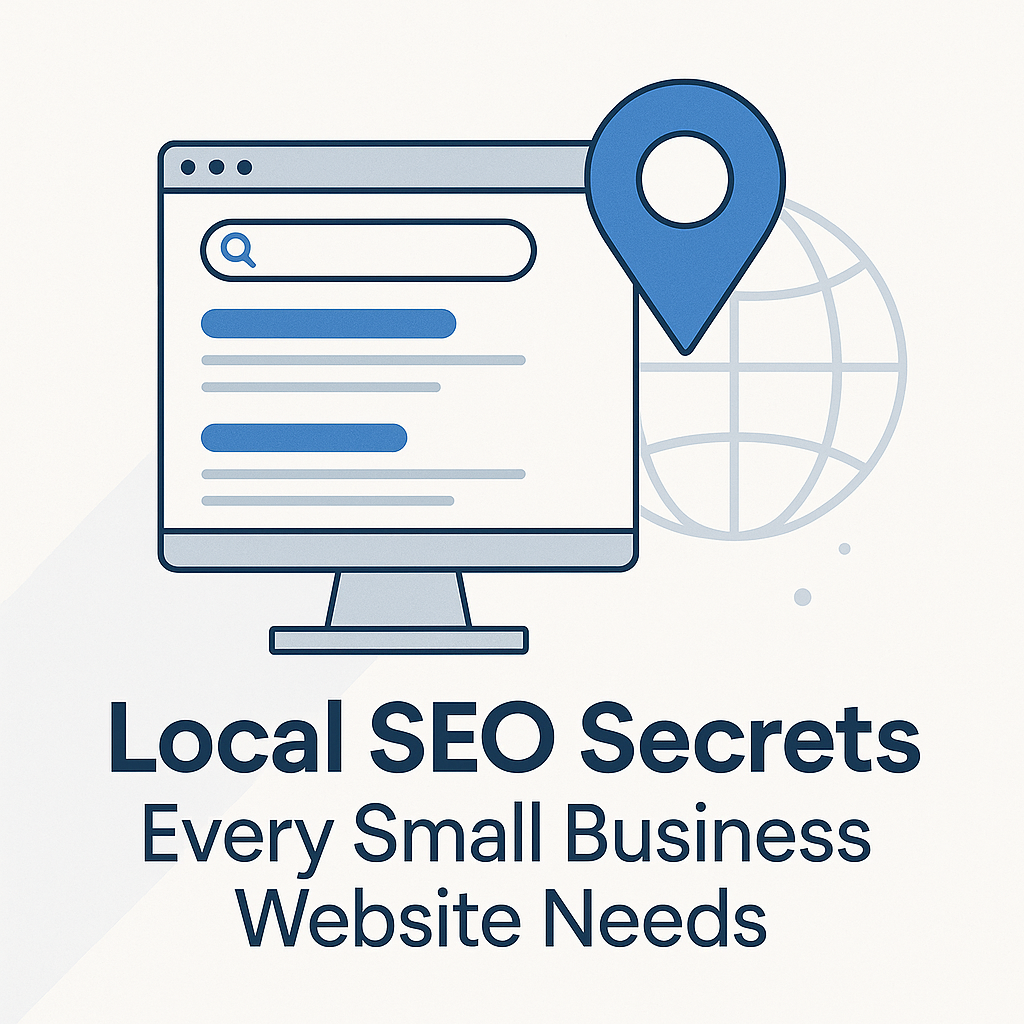 Illustration of a computer screen with a search results page and a blue map pin, representing local SEO strategies for small business websites.