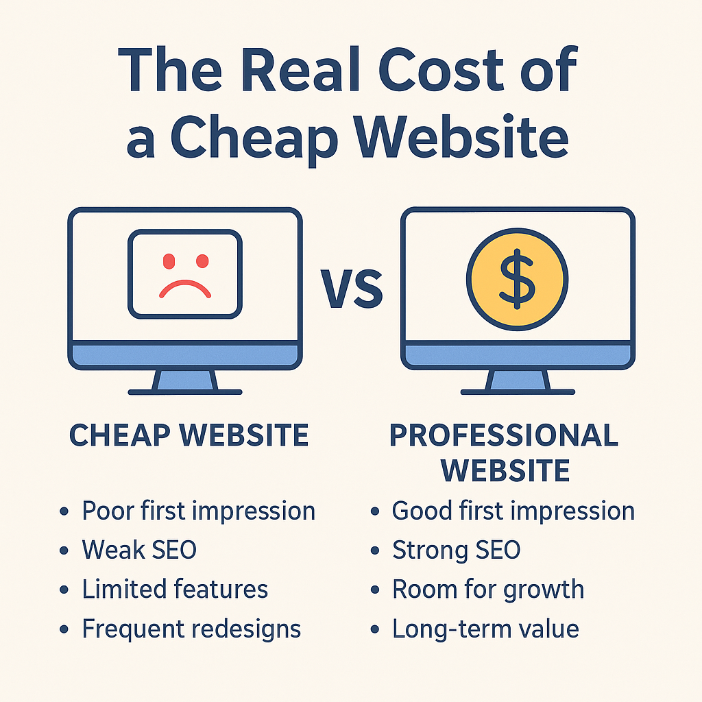 Infographic comparing a cheap website versus a professional website. The cheap website side shows a sad face icon with drawbacks like poor first impression, weak SEO, limited features, and frequent redesigns. The professional website side shows a dollar sign icon with benefits like strong SEO, room for growth, and long-term value.