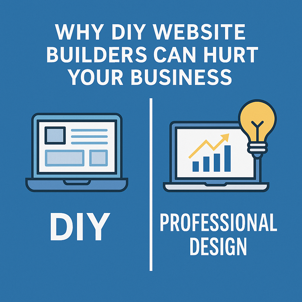 Illustration comparing a DIY website builder with a professional design. The DIY side shows a basic template, while the professional side shows a laptop with a growth chart and lightbulb icon.