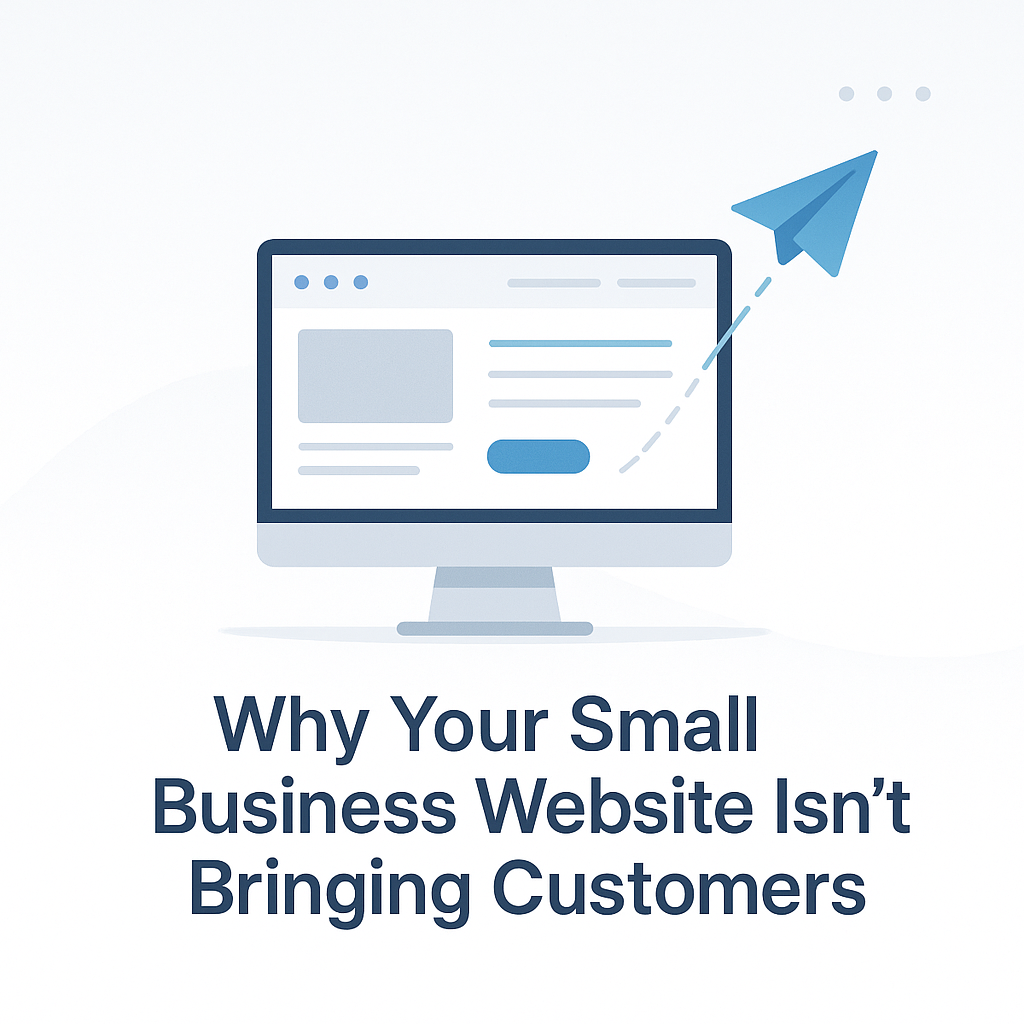 Illustration of a computer screen with a website wireframe and a paper plane icon, symbolizing why small business websites fail to attract customers.