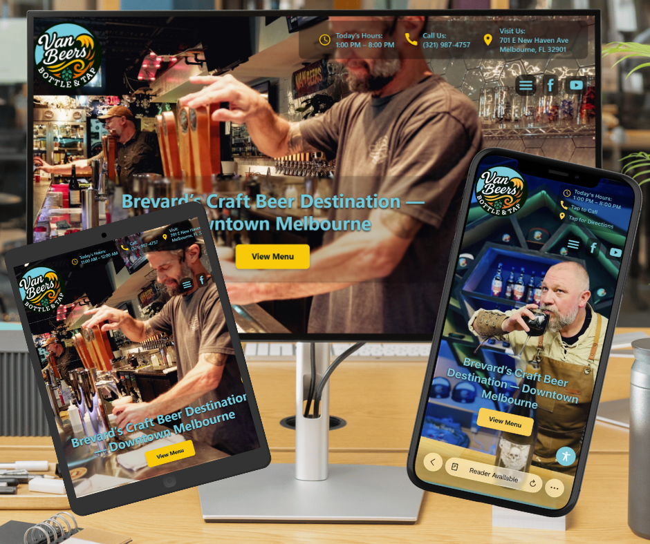 Custom website design for Van Beers Bottle & Tap, a craft beer taproom in Downtown Melbourne, Florida, shown across desktop, tablet, and mobile.