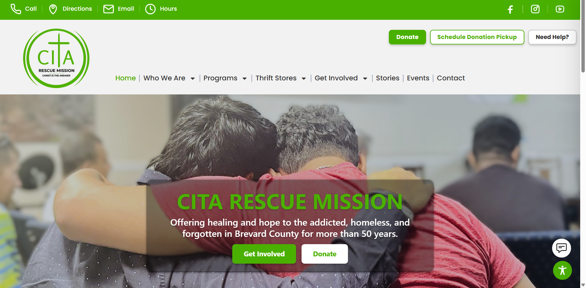 CITA Rescue Mission custom website design with tap-to-call, directions, email, and hours plus strong Donate and Donation Pickup buttons