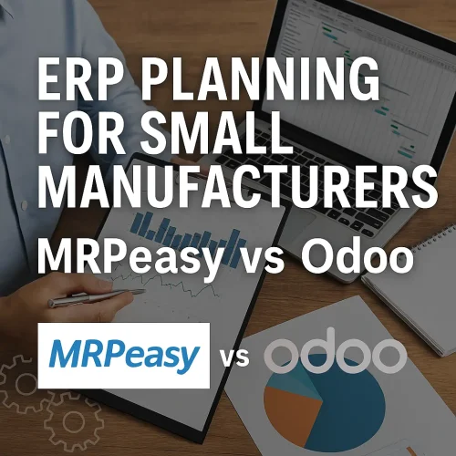 A person analyzing business data on a laptop and tablet, comparing ERP software solutions MRPeasy and Odoo for small manufacturers.
