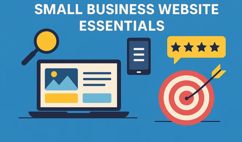 Illustration of small business website essentials including laptop, mobile optimization, five-star reviews, and call-to-action icon