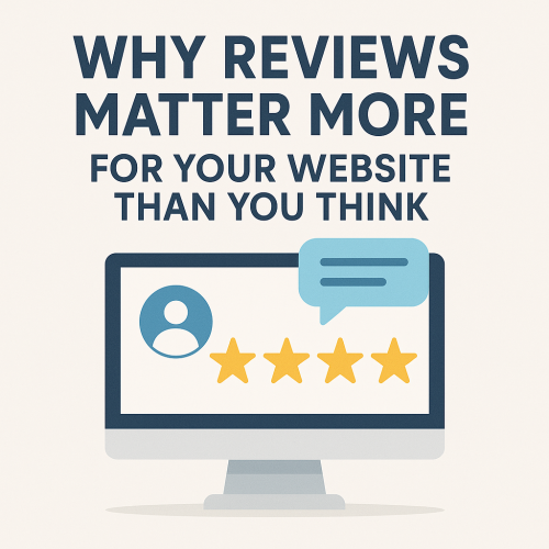 Flat design illustration of a laptop screen with star ratings and a customer review bubble, symbolizing the importance of reviews for small business websites.